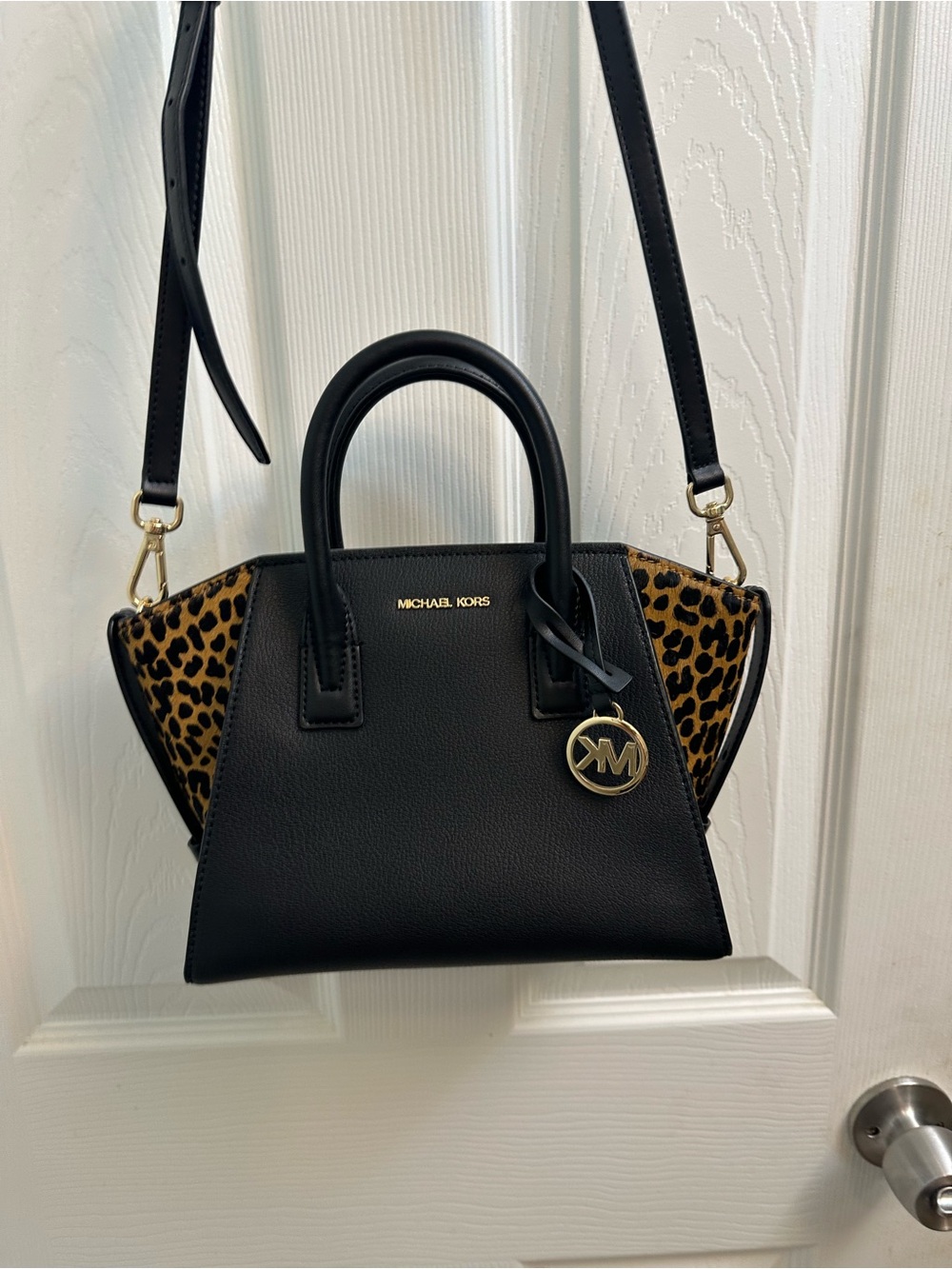 NWT Michael Kors Black Handbag with Leopard Accent - Structured Satchel